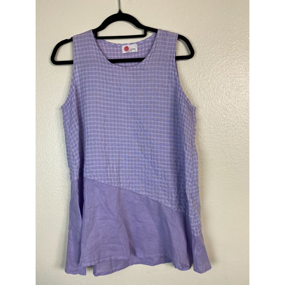 Linnea linen Sleeveless Purple Plaid Tunic Tank Top Size Small lagenlook Boho